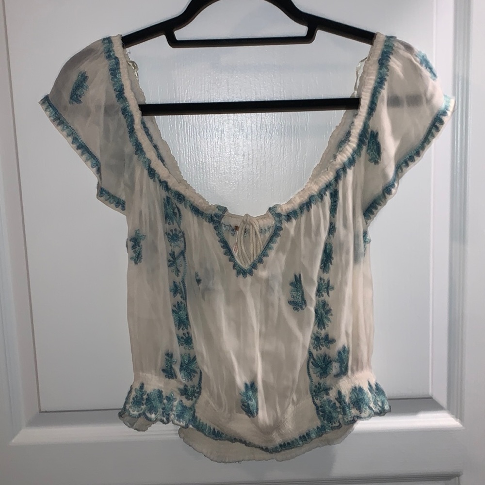 Free People Sheer Off the Shoulder Top - XS - White and Teal